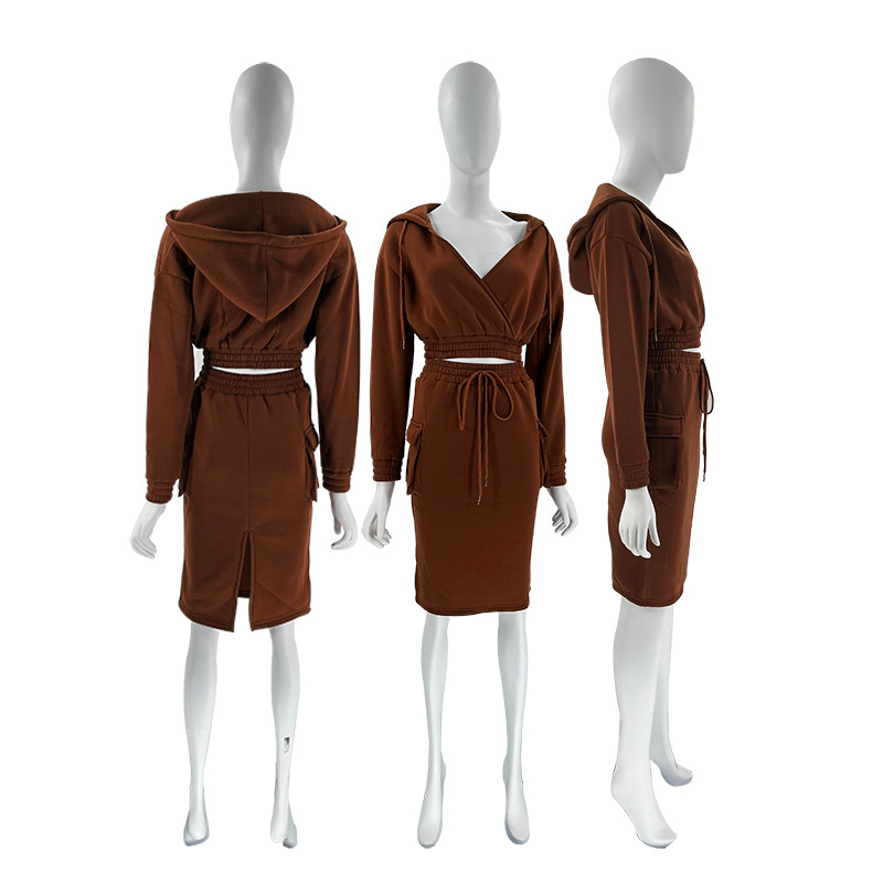 Women's Skirt Suit V Neck Hooded Solid Colour Long Sleeve Set_voghion.com