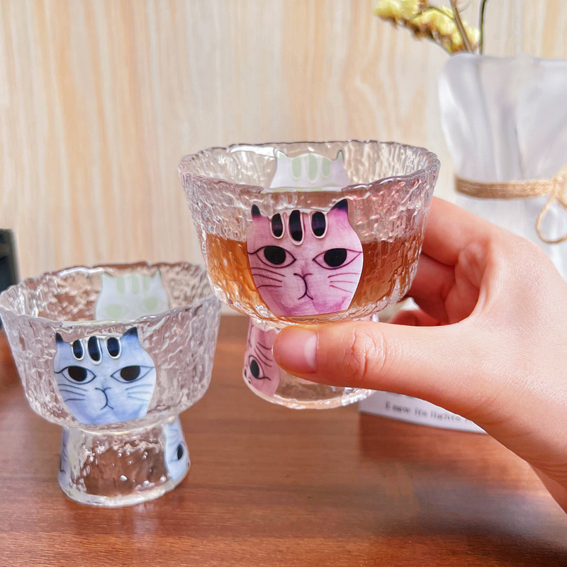Japanese Creative Handmade Cat Mugs Heat-Resistant Thick Glass Tea Cups Cartoon Flower Tea Cups Household Men's Couple Water Cups