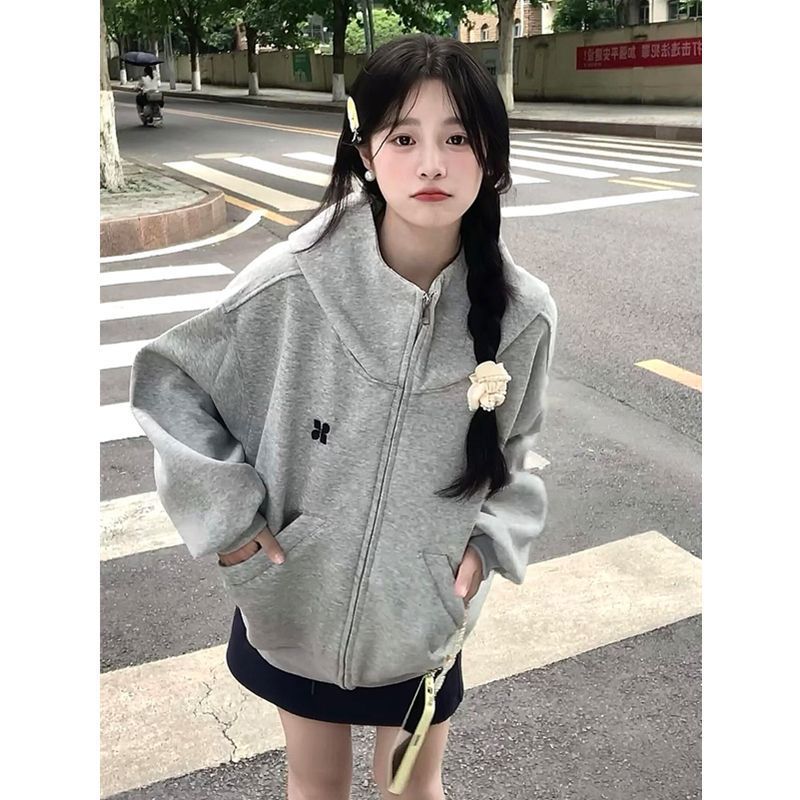 美式复古拉链开衫连帽卫衣女春秋宽松设计简约学院风休闲百搭外套|undefined