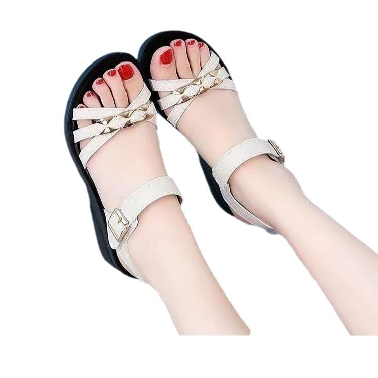 Sandalias de cuero suave antideslizantes 2025 nuevo estilo de verano ropa exterior todo fósforo suela suave casual damas cuñas sandalias de playa de suela gruesa