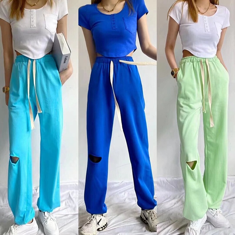 American-style ripped ankle-tied sweatpants women's high waist hip hop wide leg drawstring gray hip hop casual pants loose sports pants