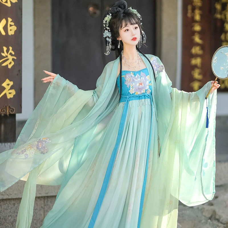 Новый Оригинальный Женский старинный костюм ханьфу в стиле Тан с вышивкой, Чековая юбка, рубашка с большими рукавами, нагрудный костюм феи Han Element, осень