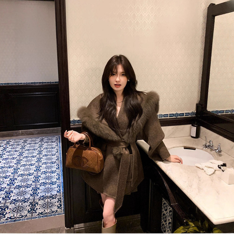 Double-Sided Cashmere Outwear for Women 2025 Autumn and Winter New Style Mid-Length Navy Collar Fox Fur Collar Lace-Up Woolen Outwear