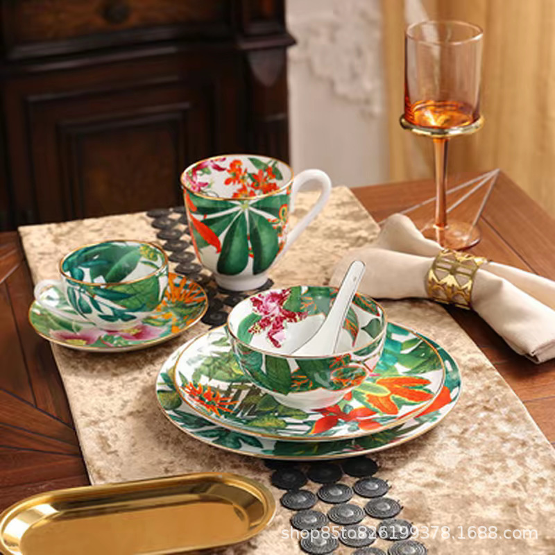 Tropical Rainforest Series Dinner Plates, Bowls, Dishes, Spoons, Cups, European-style Ceramic Hotel and Club Bone Porcelain Tableware Set Wholesale