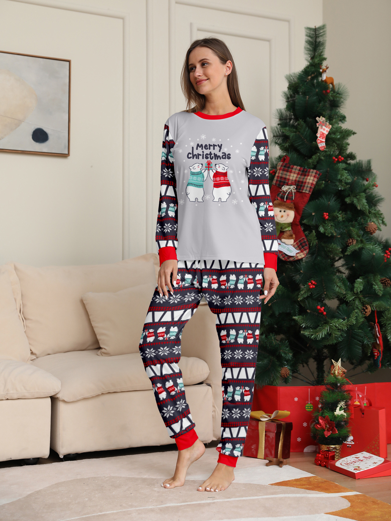 Pijama de natal a combinar para família com urso e flocos_voghion.com