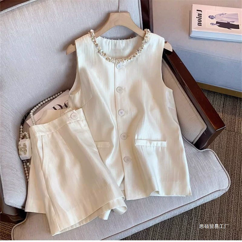 Летний французский стиль, зрелый жилет без рукавов, элегантный светский костюм в стиле Шанель, женский жилет и шорты, комплект из двух предметов