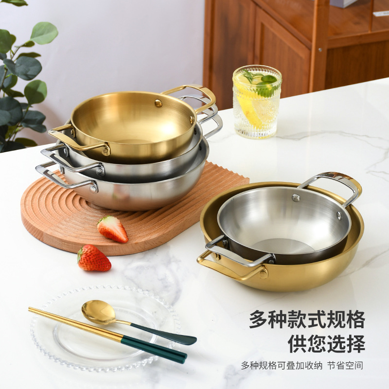 Olla para mariscos estilo coreano, olla para sopa de acero inoxidable, olla dorada para ramen, olla para fideos instantáneos, olla doméstica de cocina con doble asa, mini olla caliente estilo militar.