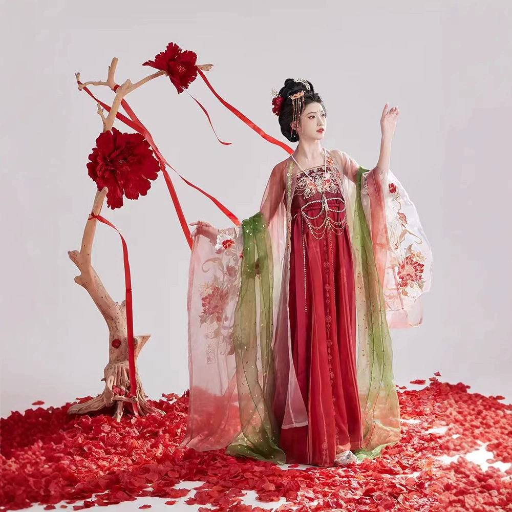 Jade Original Hanfu Girl [Camellia] Тяжелая промышленность вышитая рубашка с большими рукавами