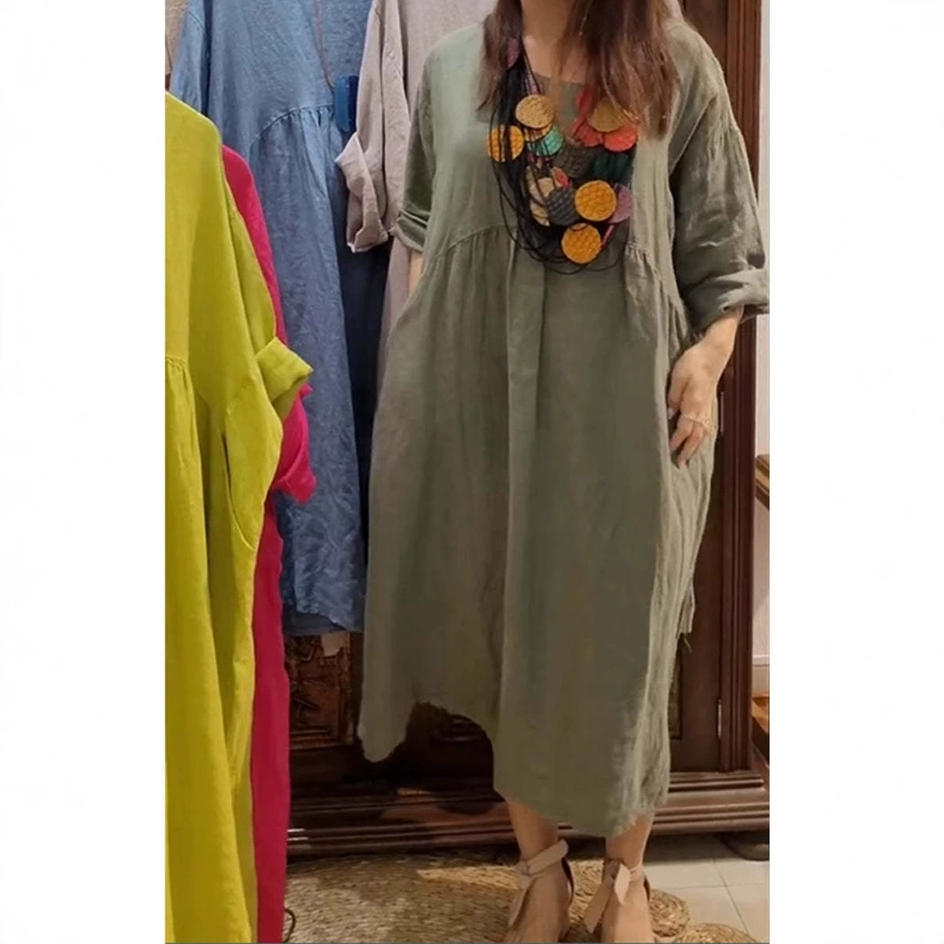 2025 новый стиль трансграничной внешней торговли амазонка дамы повседневные сплошные карманные хлопчатобумажные платья