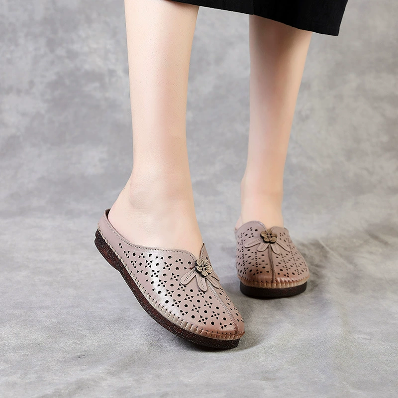 Summer retro slippers, genuine leather, for middle age