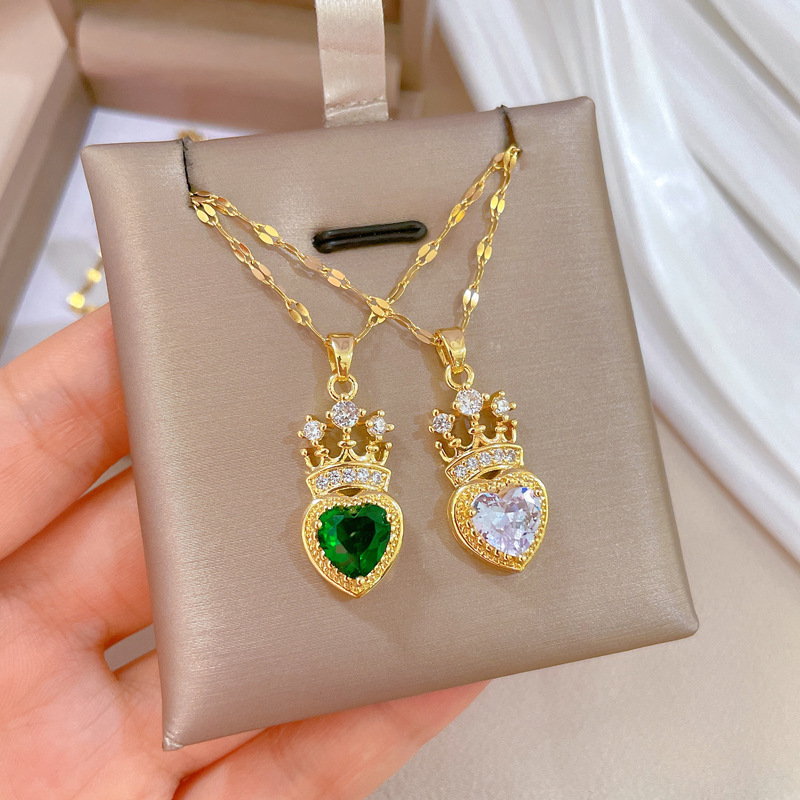coffee bean chain Chain Type 1 Piece Quantity Daily Occasion 304 Stainless Steel Material 304 Stainless Steel Zircon Heart Shape Crown Elegant Glam Coffee Bean Chain Pendant Necklace For Women'S