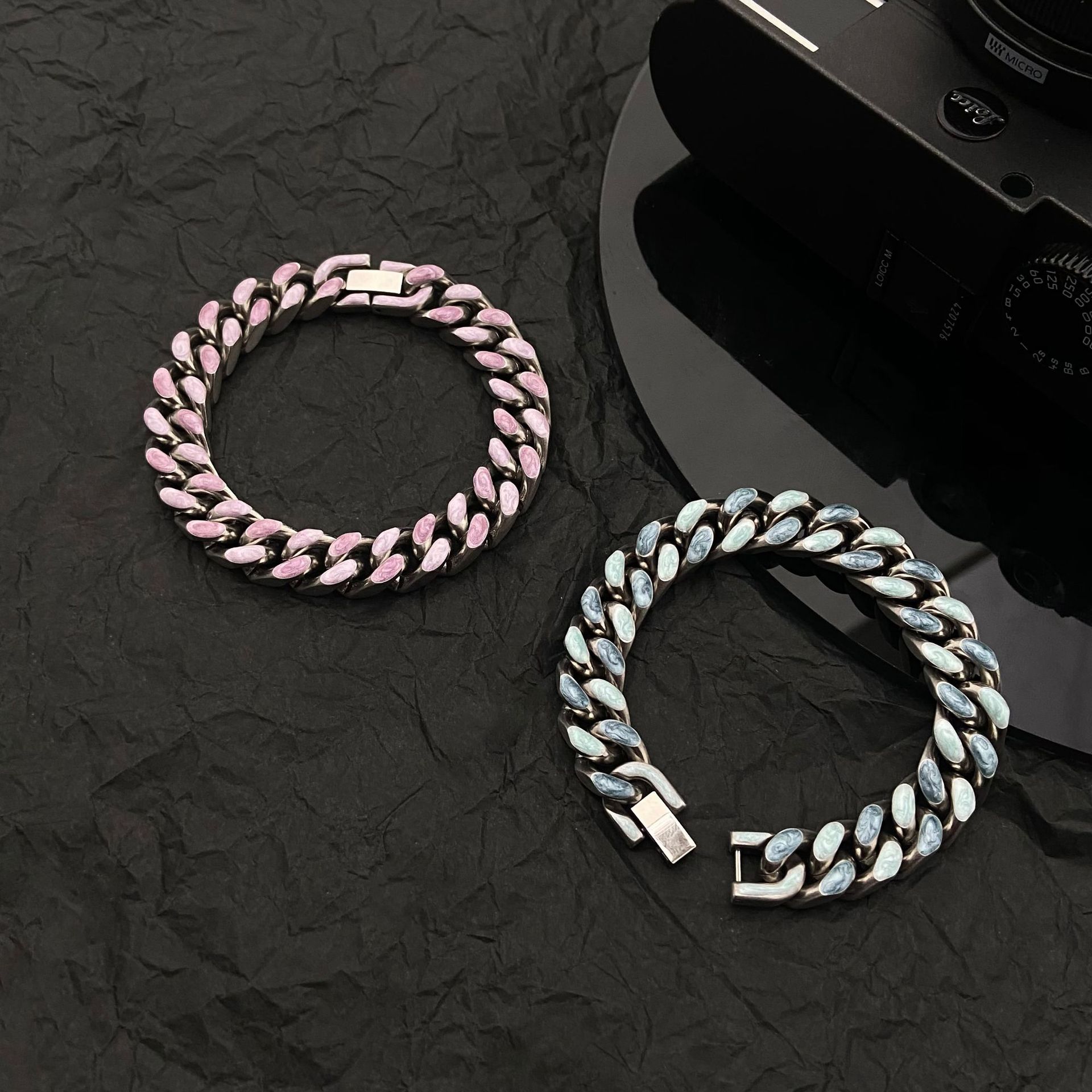 Titanium Steel Cuban Chain Bracelet Double Sided Pink Blue Pair_voghion.com