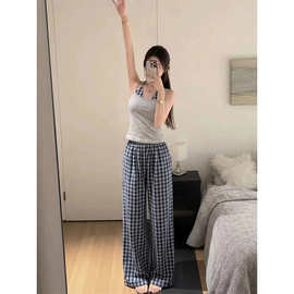 辣妹假两件带胸垫吊带睡衣女夏季新款修身撞色格子长裤居家服套装