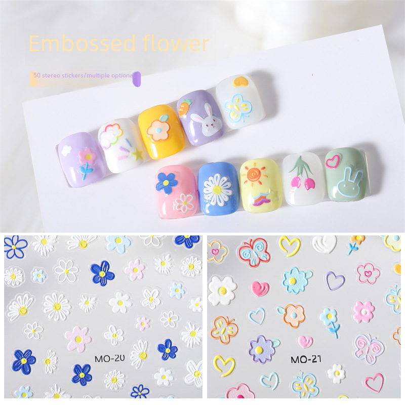 New 5D graffiti flower relief nail stickers thin transparent three-dimensional nail stickers fresh rabbit nail decals
