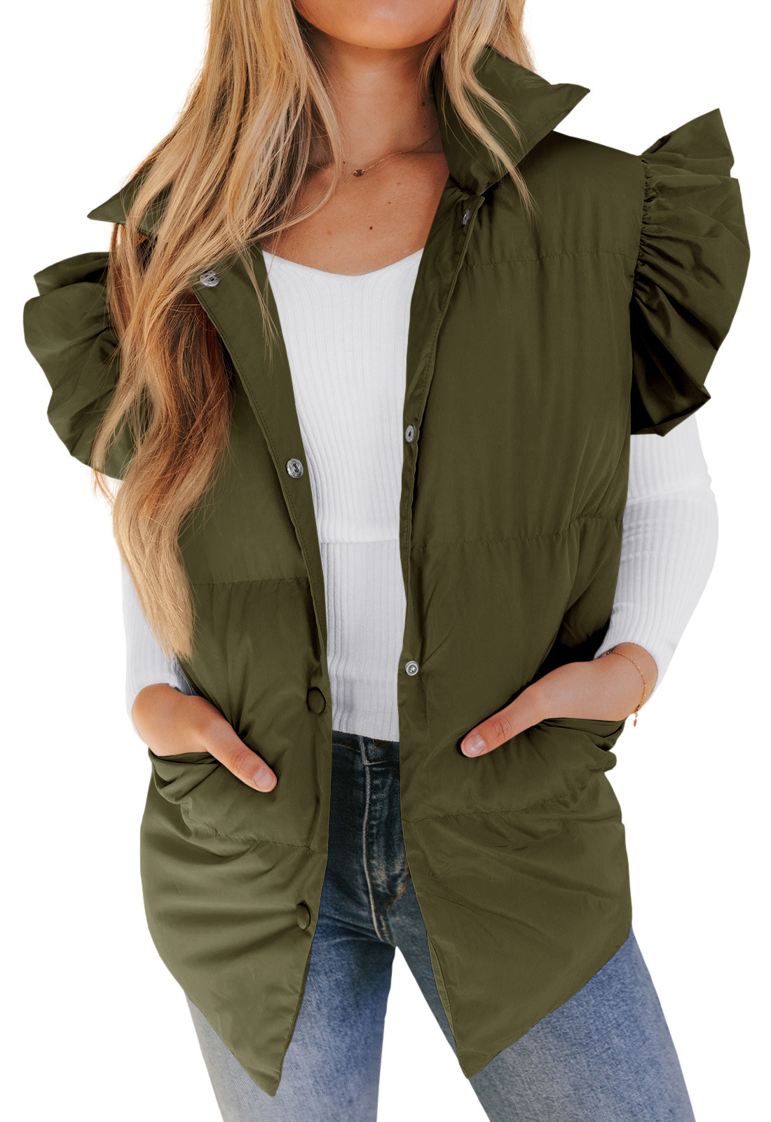 Grenzüberschreitende europäische und amerikanische Herbst- und Winterneuheiten mit lockerer Tasche und Baumwollpolsterung, fliegende Ärmel, elegante Weste, Stehkragen, Mode, Einreiher_voghion.com