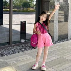 夏季女童套裝寶寶洋氣兒童個性潮韓版條紋背心上衣不規則背帶短褲