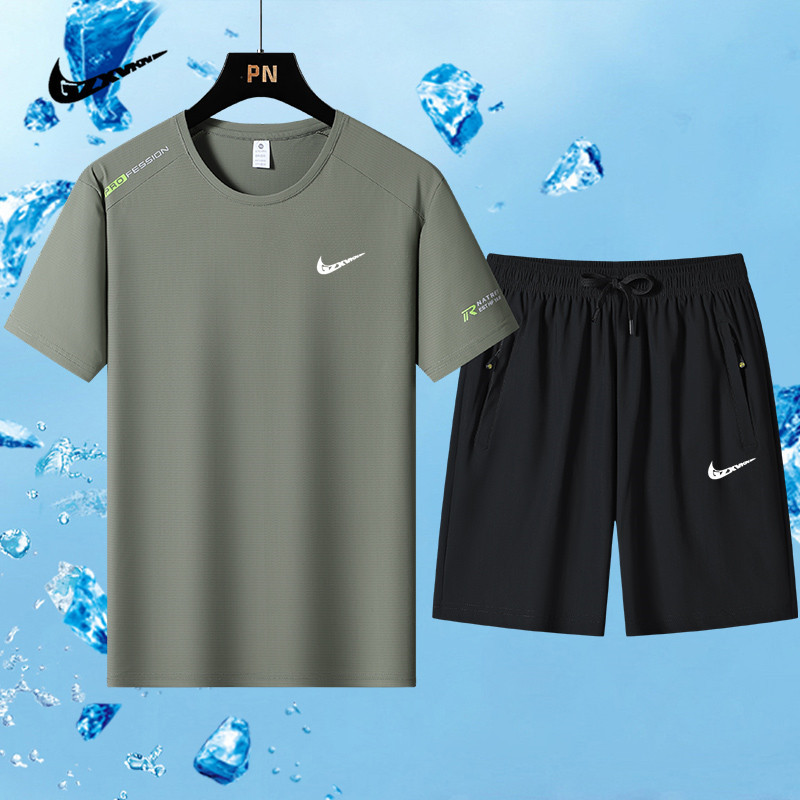 Cross-border plus size Ice Silk suit Summer Sports Leisure Quick-drying Elastic T-shirt Short-sleeved Shorts Running Two-piece Set for Men