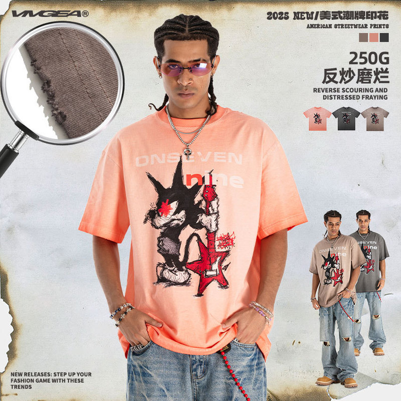 Vivgae Men's Clothing | Original American Street Fashion Brand Washed and Spoofed American Rock Mickey Guitarist Print T-Shirt