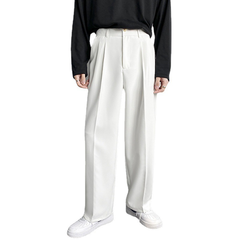 Primavera y otoño Corea del Sur celebridad de Internet drapeado pantalones de traje recto hombres sueltos coreano casual blanco Pantalones anchos pantalones de fregona