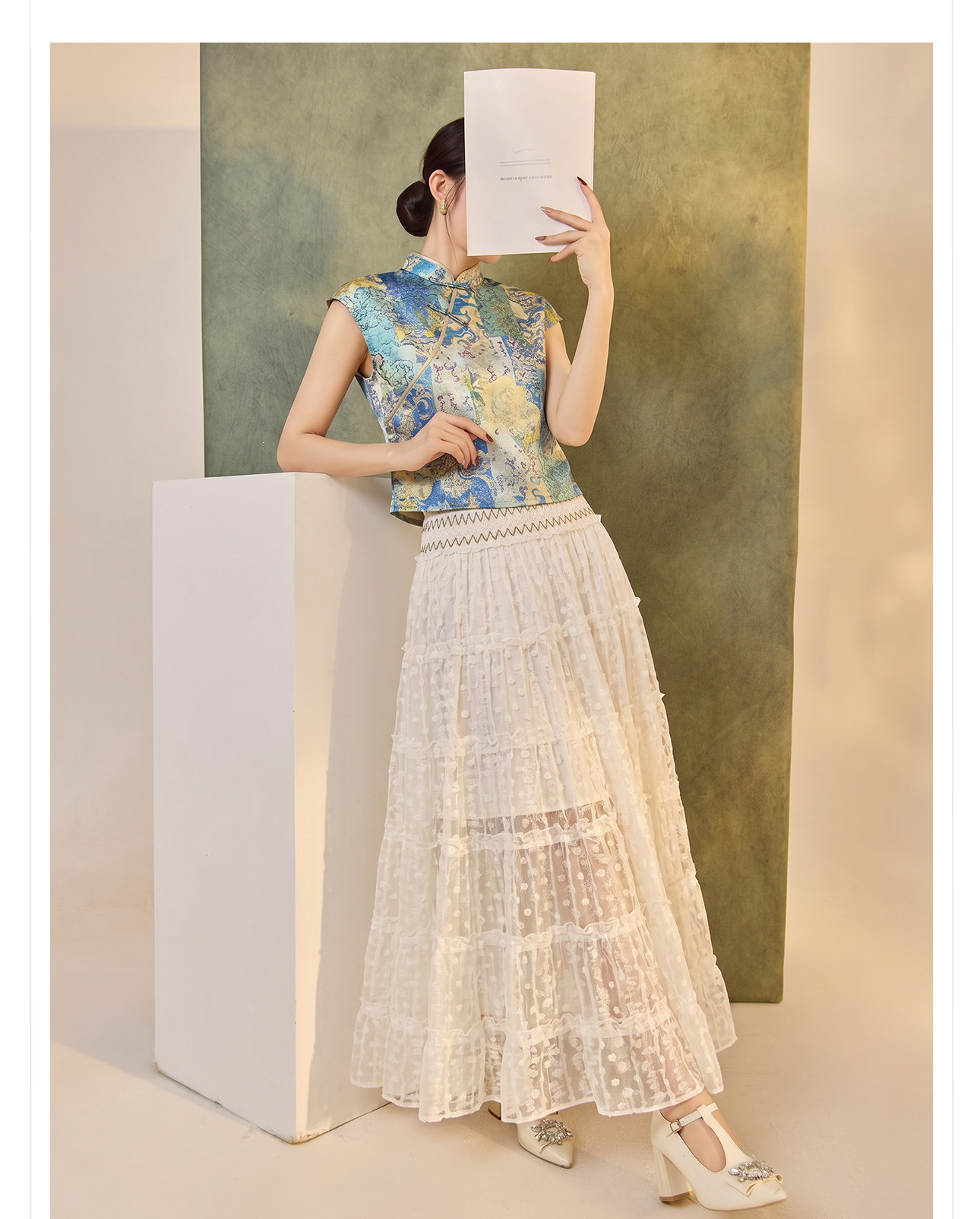 Váy dài ren cao eo nữ — Mực đen, Gạo trắng chi tiết 5