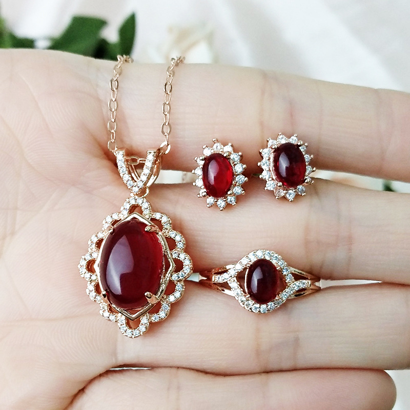 Fashion Imitation Garnet Pigeon Blood Red Earrings Ring Necklace Three-piece Set display picture 1