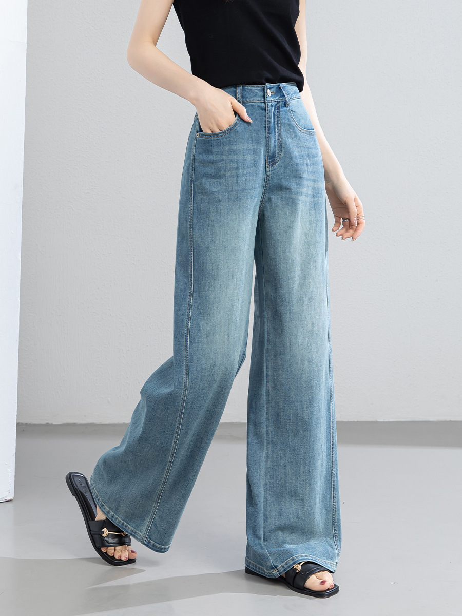 Quần jean nữ ống rộng cạp cao chất vải denim pha sợi tencel mềm mại — xanh lam