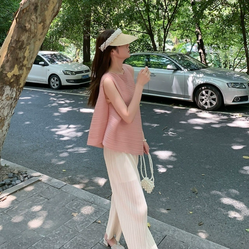 Mengmengjia, плиссированная футболка нестандартного дизайна Miyake, женский летний жилет без рукавов, топ + драпированные широкие брюки, комплект