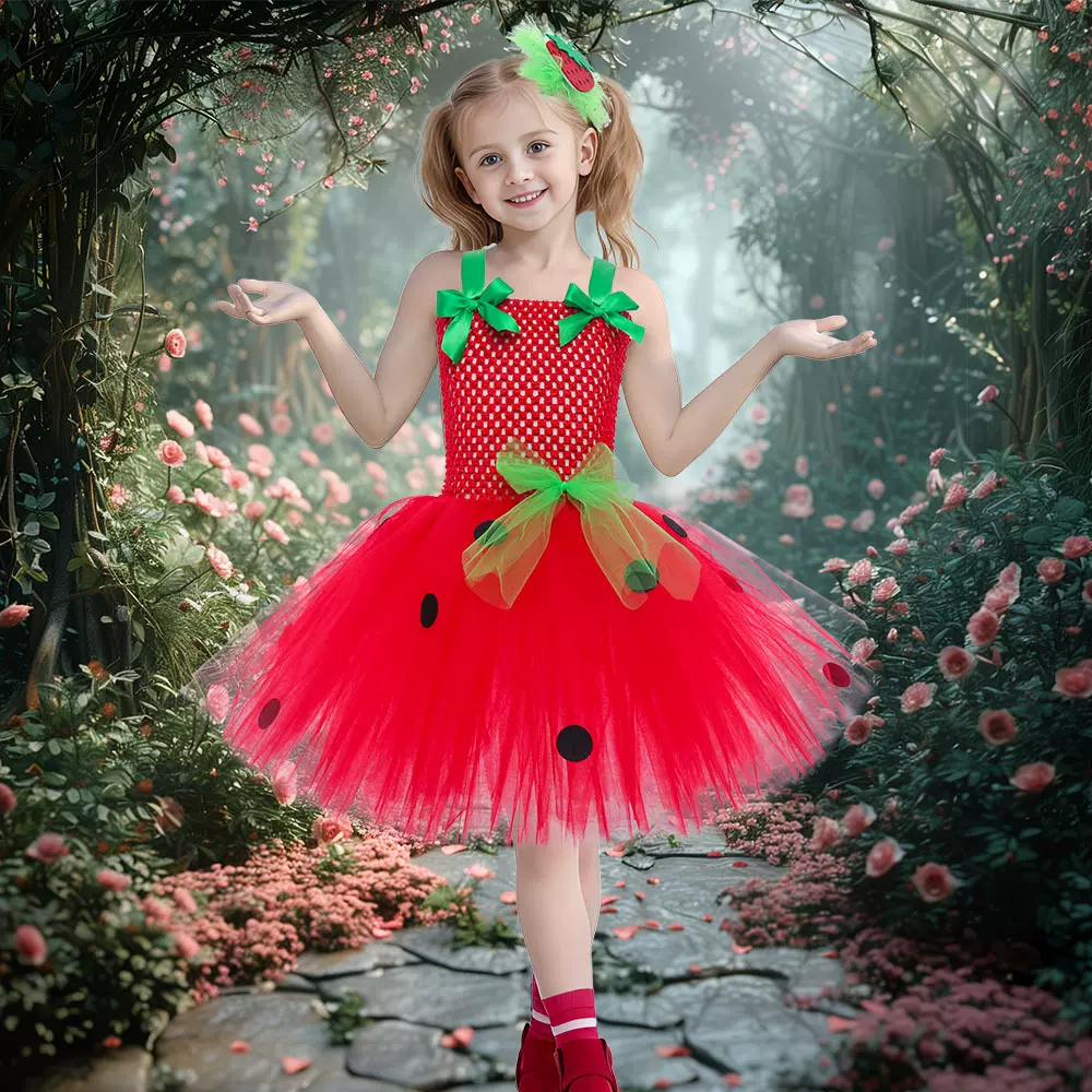 跨境新款水果草莓网纱蓬蓬裙节日派对舞台表演服六一儿童节舞蹈服