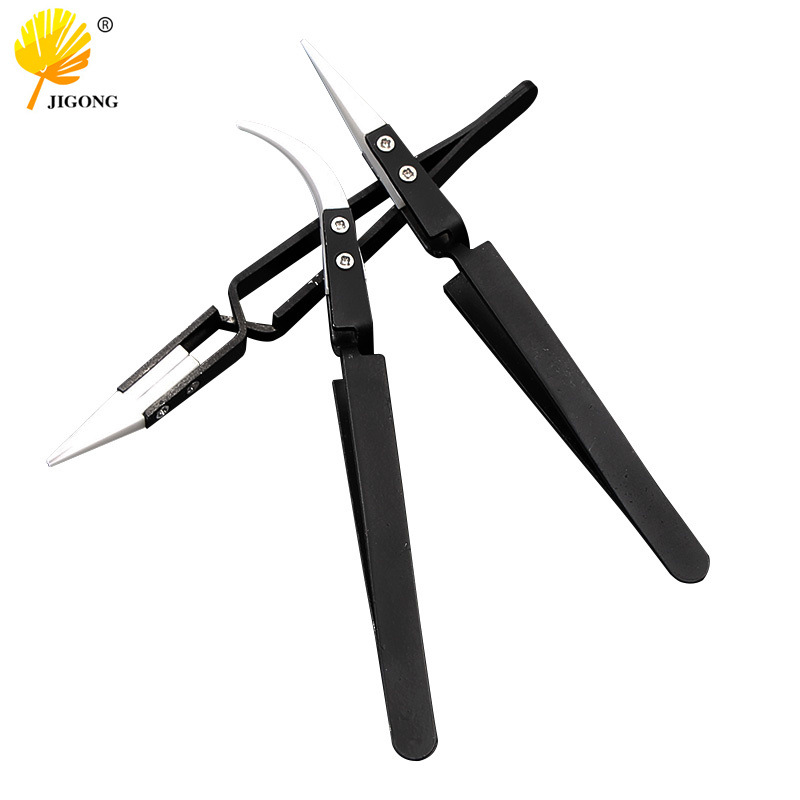 不锈钢反差镊子 黑色柄夹持陶瓷镊子 防磁防酸精密夹持尖头弯头