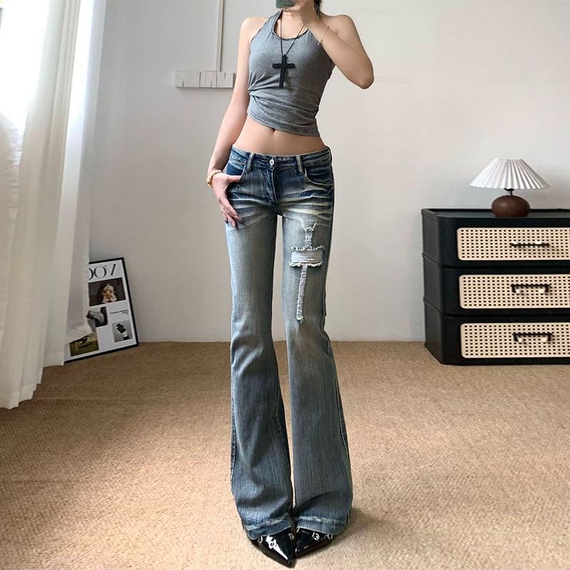 Retro blue low-waist distressed design flared jeans for women, fashionable new stretchy slim-fit bell-bottom pants Retro blue low-waist distressed design flared jeans for women, fashionable new stretchy slim-fit bell-bottom pants