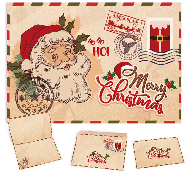 レトロ牛革クリスマスグリーティングカードクリスマスギフトカードかわいい漫画折り返しカード祝福メッセージカード封筒付き|undefined