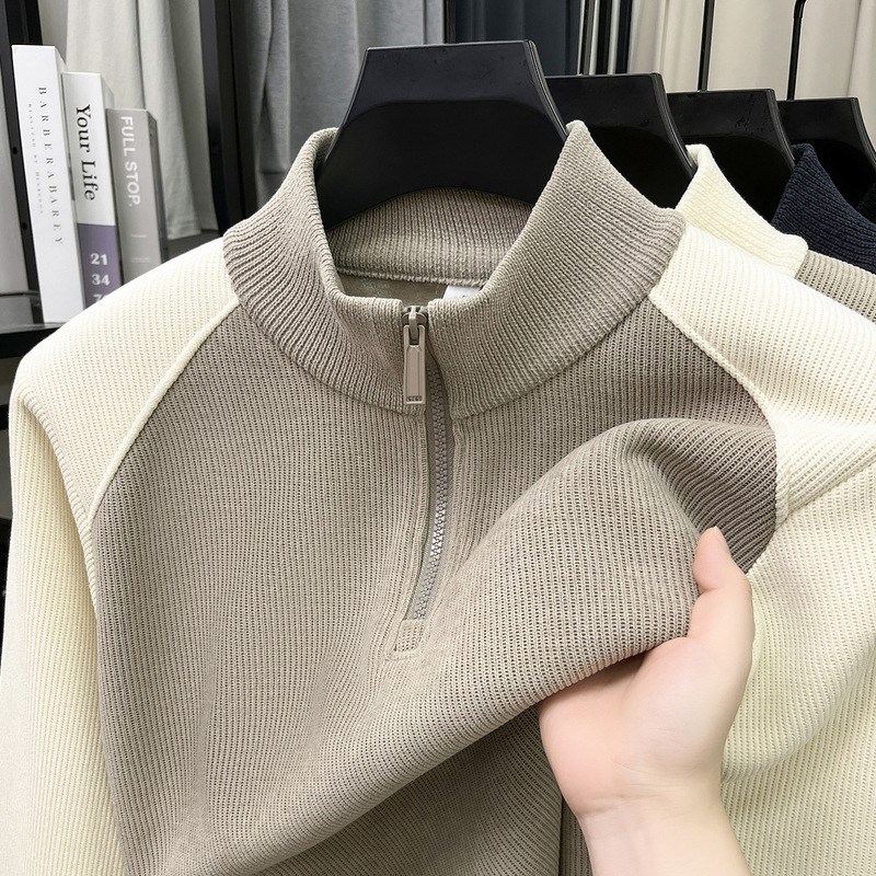 2026 Autumn/Winter New Men's Mid-Age and Young Men's Half-High Zipper Casual Color-Block Long-Sleeve Knit Sweater Top 2026 Autumn/Winter New Men's Mid-Age and Young Men's Half-High Zipper Casual Color-Block Long-Sleeve Knit Sweater Top