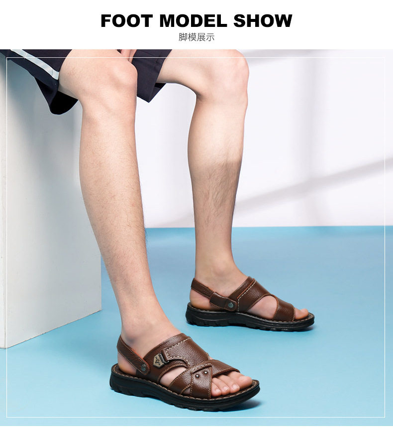 Dép sandal nam da bò lớp đầu hở ngón quai hậu thoáng khí — 10498 màu đen, Màu nâu 10498 chi tiết 3