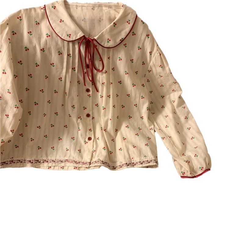 달콤한 파자마 여성의 신선한 인형 칼라 느슨한 귀여운 체리 레이스 한국 스타일 봄과 가을 의상 홈 의류 세트