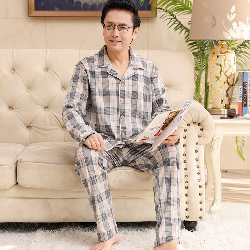 100% algodón pijamas hombres de manga larga primavera y otoño traje de verano homewear de hombres de mediana edad y ancianos