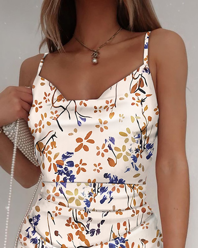 Floral Print Drawstring Pleated slip dress NSFH125740