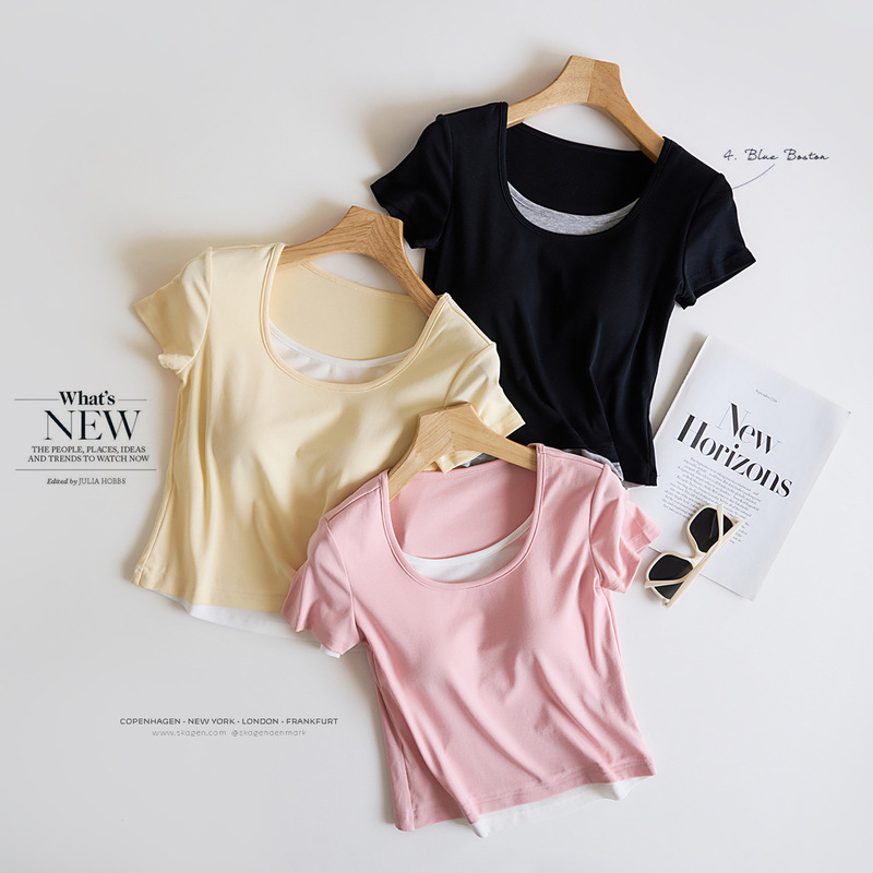 ライゼル7a抗菌胸パッド付き丸首ステッチ衝突色半袖tシャツ女性偽2枚の中に身を修める上着夏|undefined