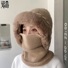 欧美跨境新款帽子围脖连体套件拼色麻花纹针织帽加绒保暖护颈帽子