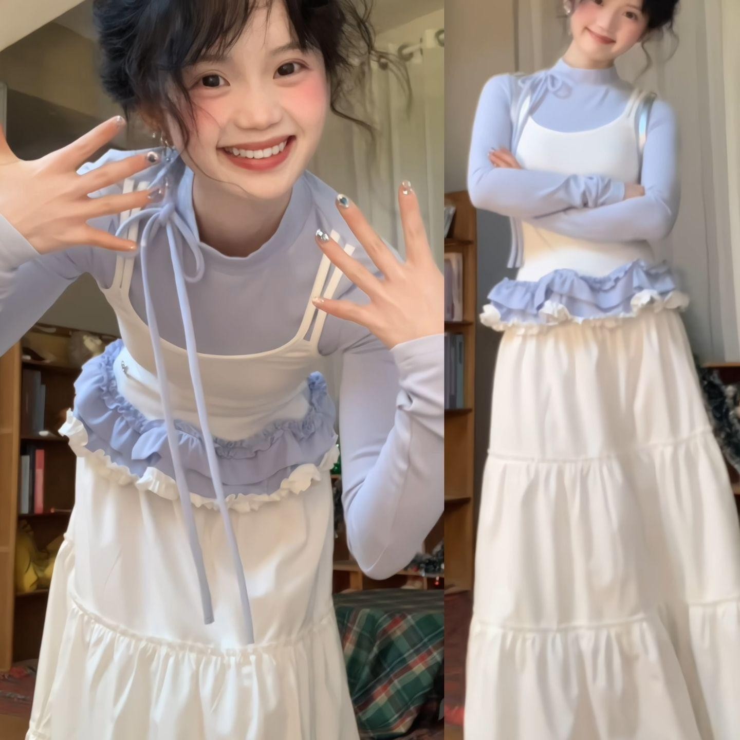 [Cut as You Like] Fake Two-Piece Long-Sleeved T-Shirt for Women with Pleated Lace Suspenders and Bottoming Shirt Top