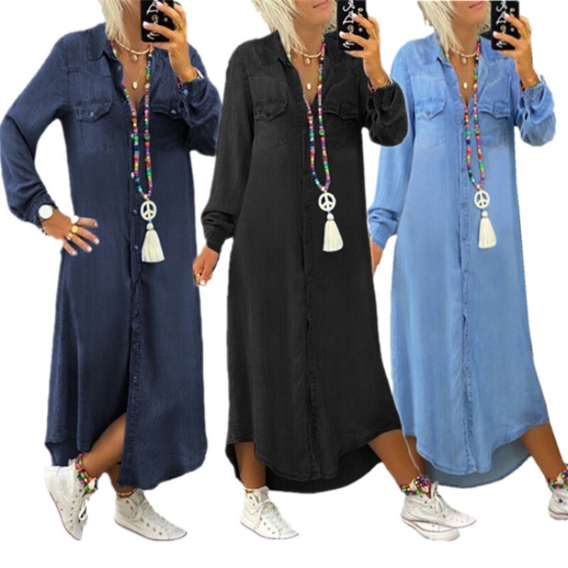 2025 Spring European and American Aliexpress Wish Denim Long Skirt Amazon New Shirt Collar Denim Casual Skirt Long Skirt