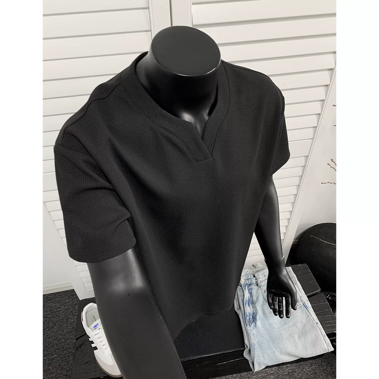 Трансграничные летние ретро-вафли в стиле крутой парень с короткими рукавами футболка с небольшим V-образным вырезом cleanfit рубашка с половиной рукава