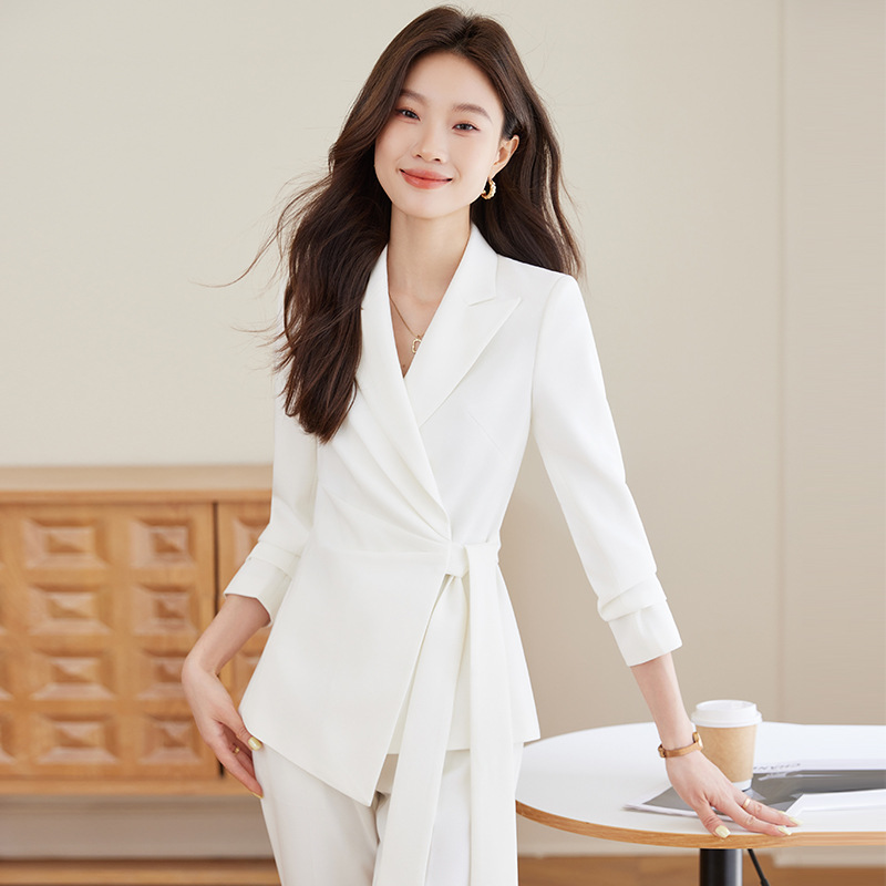 Chic Design White Strappy Suit for Women in Autumn and Winter, Waist Slimming Suit, Fashionable Elegant, Professional Long Sleeves