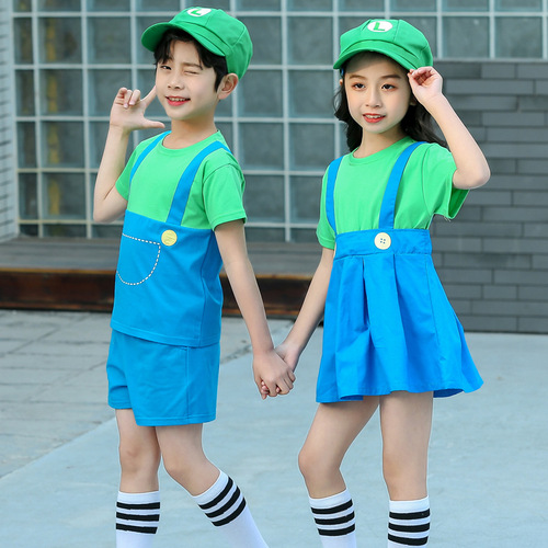 Summer Cosplay Mario Cartoon Costume for Boys and Girls, Sibling Set, Overseas Trade Children Super Mario Suit Set