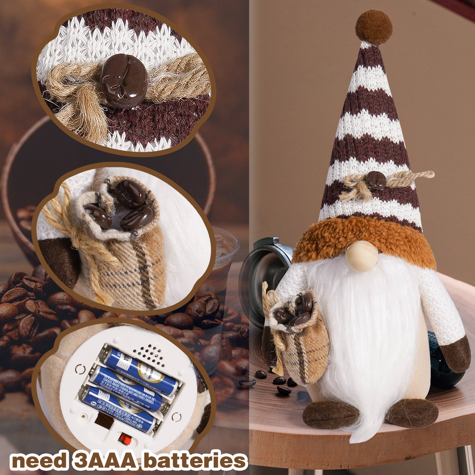 Café transfronterizo luminoso muñeca sin cara linda bolsa de café de punto con lámpara enano Rudolph decoración