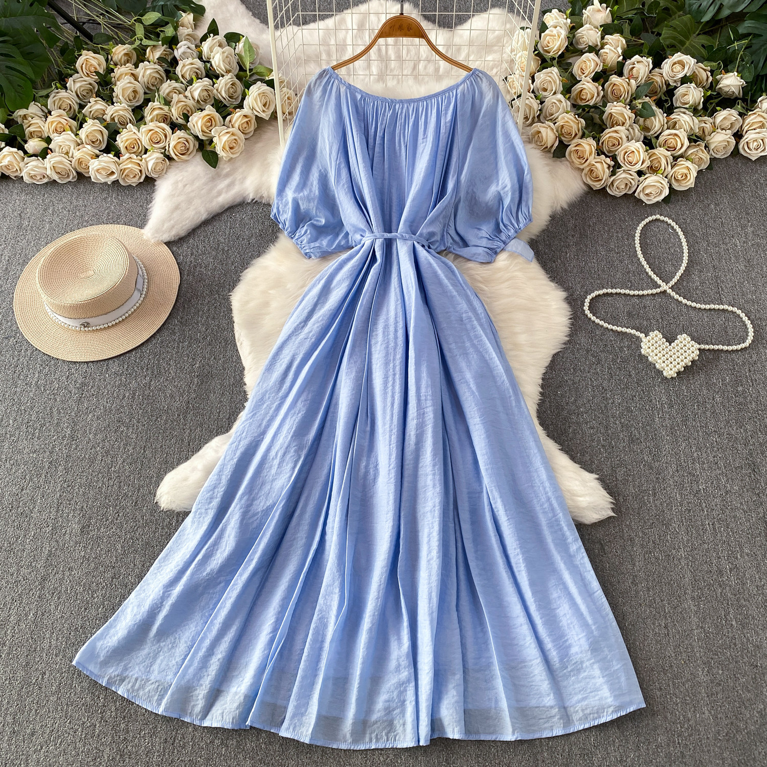 Women's French Style Tie Neck Puff Sleeve Dress Gentle Elegant Summer Casual Long Dress Simple Commuting Style_ecoleips.com