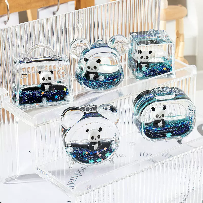 黑色满天星熊猫公仔入油流沙瓶摆件亚克力钥匙扣配件包包挂件批发