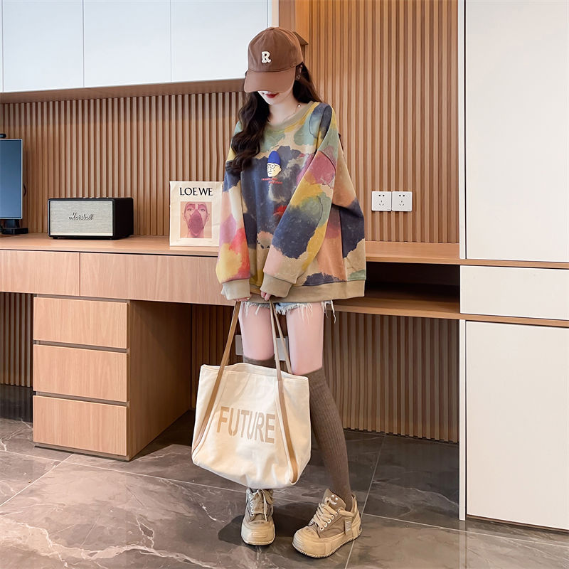 Early Autumn Gradient Tie-Dye Sweatshirt for Women, Spring and Autumn Round Neck New Loose Petite Mid-Length Top Jacket