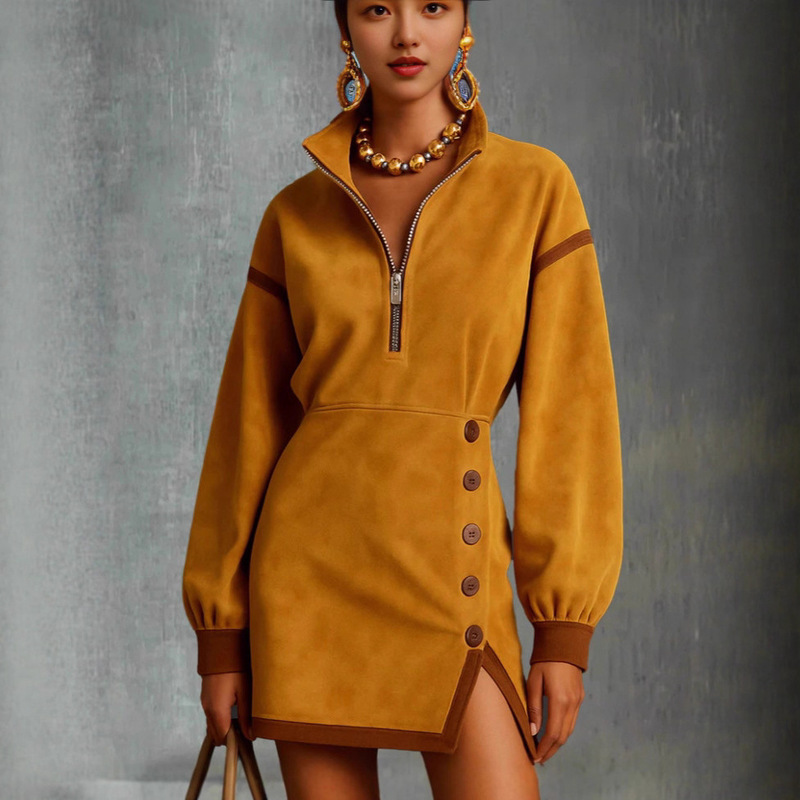 Amazon New Autumn and Winter Yellow Turtleneck Button Mini Dress