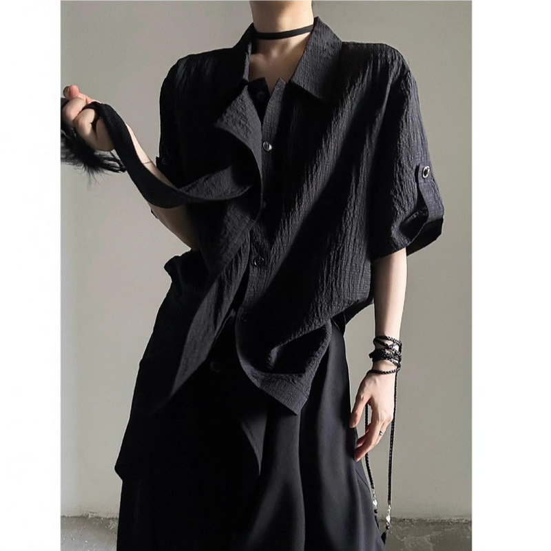 Design-Inspired Ribbon Short-Sleeve Shirt for Men 2025 New Trendy Brand French Retro Black and White Japanese Style Men's Shirt