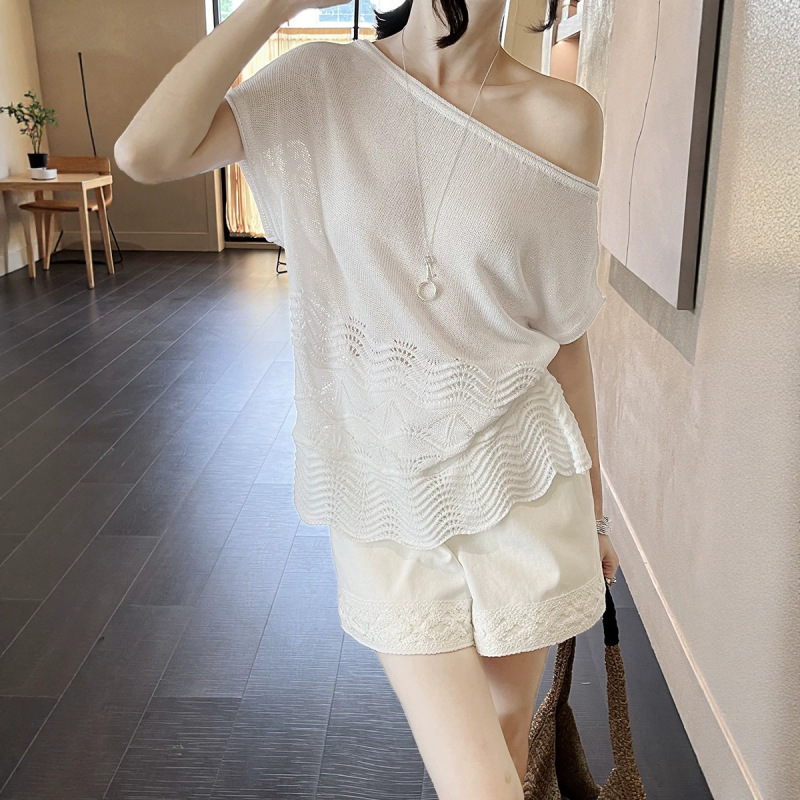 Hoo Summer New French-Style Ultra-Soft Paper Yarn Wave Hollow-Out Patchwork Asymmetrical Shoulder Casual Versatile Knit Sweater Za6306 Hoo Summer New French-Style Ultra-Soft Paper Yarn Wave Hollow-Out Patchwork Asymmetrical Shoulder Casual Versatile Knit Sweater Za6306